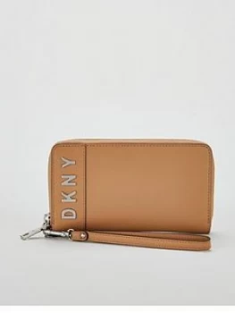 Image of DKNY Bedford Wristlet Zipper Logo Pouch Purse - Brown, Latte, Women