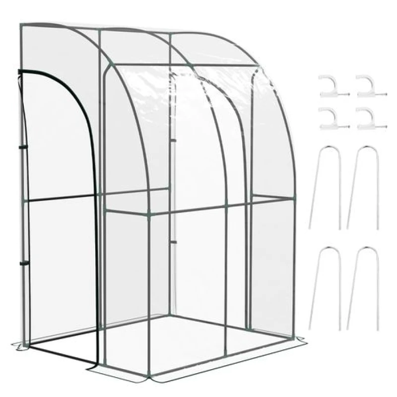 Image of Outsunny 143X118X212Cm Walk in Lean To Wall Tunnel Plastic Greenhouse With Doors, Clear 845-592V03CR