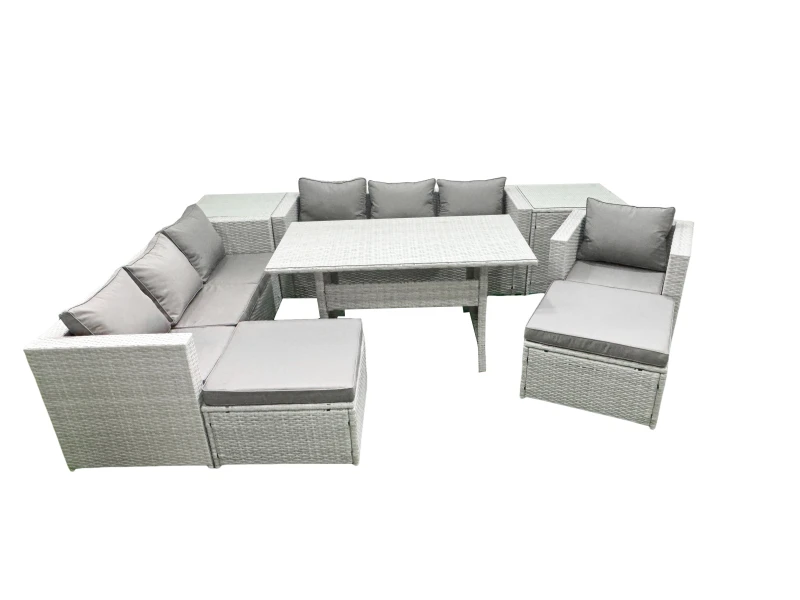 Image of Fimous 9 Pieces Outdoor Rattan Sofa Set with Cushions Patio Garden Furniture Sets with Armchair Dining Table 2 Side Tables 2 Big Footstools Light Grey