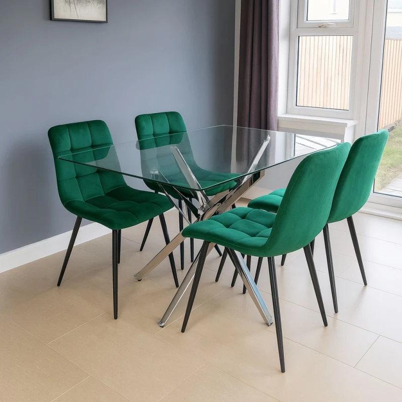 Image of KOSY KOALA Modern Rectangle Glass Dining Table Set With 4 Green Velvet Chairs Dining Room Furniture in Brown Brown Unisex