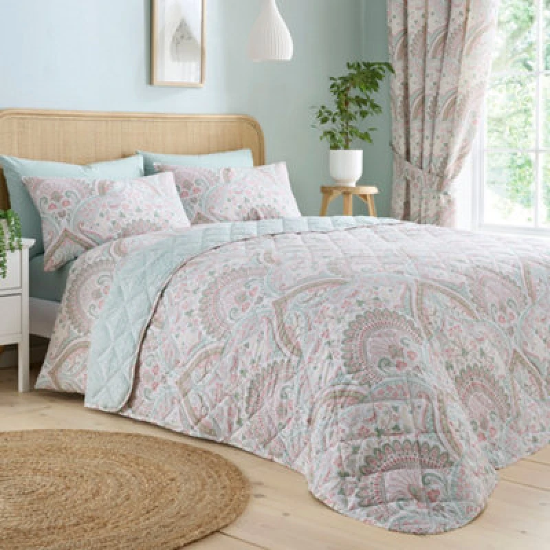 Image of Dreams & Drapes Palais Damask Print Bedspread Set 190cm x 230cm Green