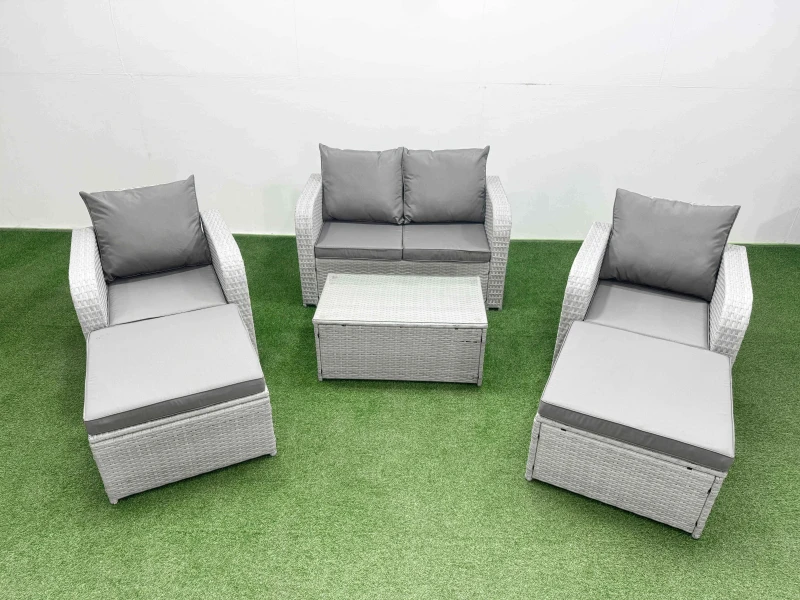 Image of Fimous Light Grey PE Wicker Rattan Garden Furniture Set Sofa Set Reclining Adjustable Chair Rectangular Coffee Table 6 Seater 3 Big Stools Light Grey