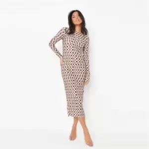 Image of Missguided High Neck Midaxi Dress Ls Plisse Geo - Brown