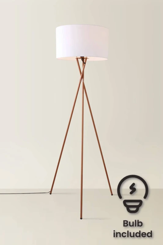 Image of ValueLights ValueLights Camden Copper Metal Tripod Floor Lamp with Drum Lamp Shade and Bulb in White White One Size Unisex 5055759993191