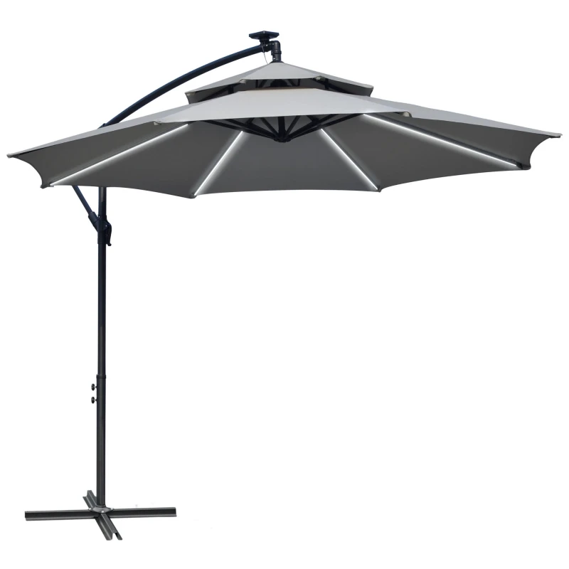 Image of Outsunny 3(m) Cantilever Parasol Hanging Banana Umbrella w/ lights, Light Grey - Outsunny 5056725532284