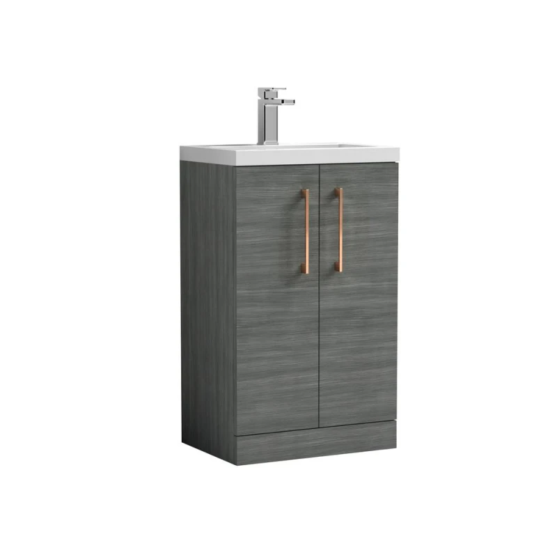 Image of Balterley Level Compact Bathroom Cloakroom Vanity Basin Unit With Ceramic Basin, Copper Handles, 500mm, Woodgrain Grey