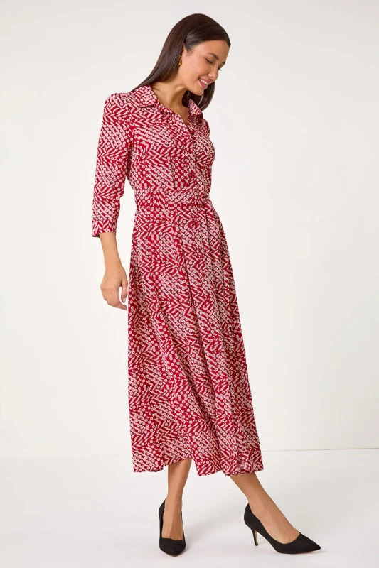 Image of Roman Womens Geometric Print Tie Waist Midi Shirt Dress in Red Size: 20 Red Female 20