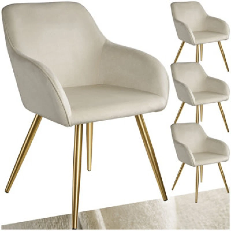 Image of Tectake Set Of 4 Chair Marilyn With Velvet Cover, Gold Steel Legs And Plush Padding - Cream/gold