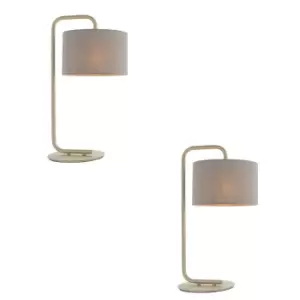 Image of 2 PACK Satin Champagne Table Lamp - 23cm Grey Fabric Cylinder Shade - Desk Light