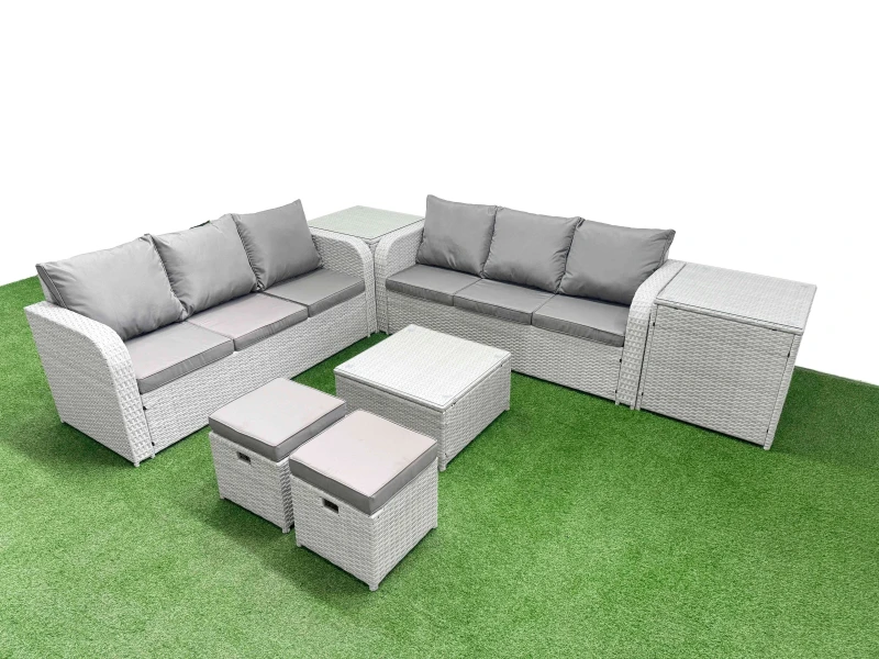 Image of Fimous Outdoor Garden Furniture Sets 8 Seater Wicker Rattan Furniture Sofa Sets with Square Coffee Table high Back Lounge Sofa Stools 2 Side Table Lig