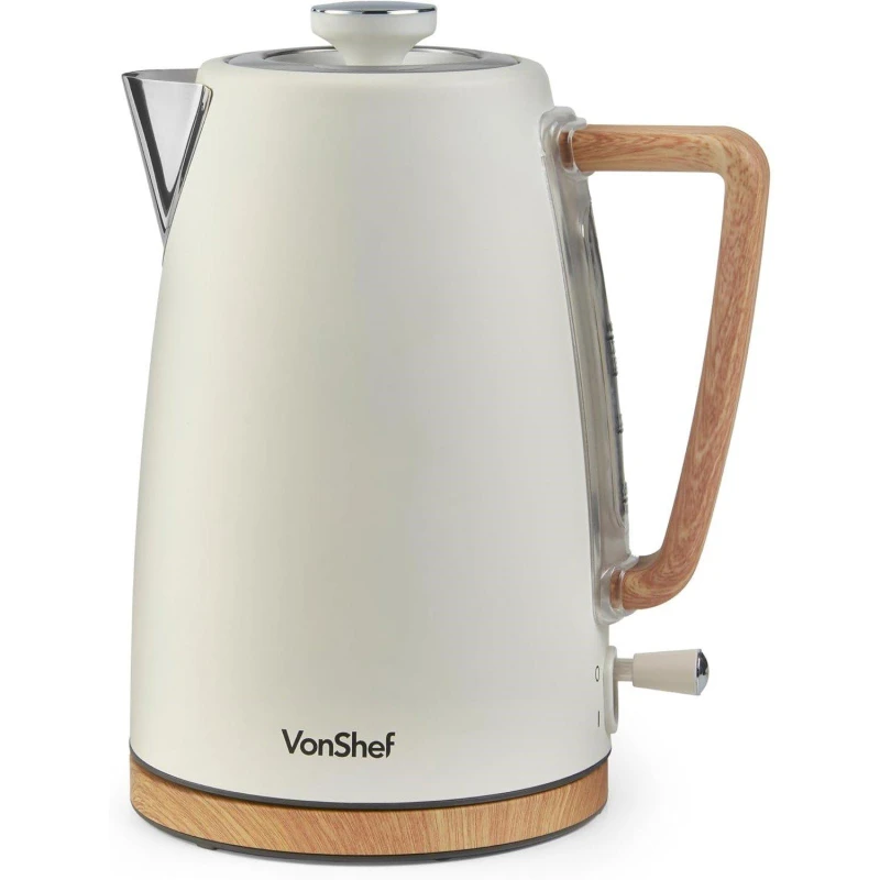 Image of VonShef 3000W Rapid Boil 1.7L Matte Cream and Wood Effect Kettle Beige unisex