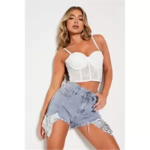 Image of I Saw It First Light Wash Sequin Pocket Detail Denim Shorts - Blue