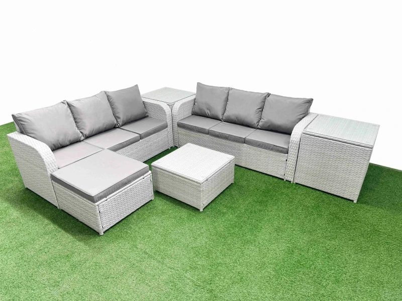 Image of Fimous Outdoor Garden Furniture Sets 7 Seater Wicker Rattan Furniture Sofa Sets with Square Coffee Table high Back Lounge Sofa Big Footstool 2 Side Ta