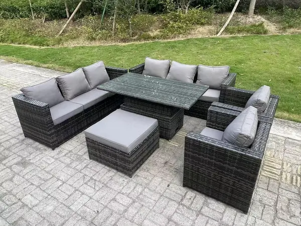 Image of Fimous 8 Seater Outdoor Dark Grey Rattan Lounge Complete Sofa Set with Adjustable Dining Table and Big Footstool