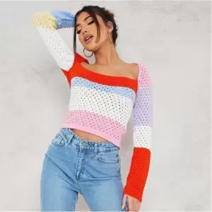 Image of I Saw It First Striped Square Neck Crochet Knit Top - Multi