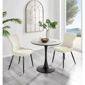 Image of Furniture Box Elina White Marble Effect Round Dining Table and 2 Cream Nora Black Leg Chairs