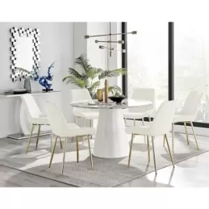 Image of Furniturebox Palma White Marble Effect 120cm Round Minimalist Dining Table & 6 Cream Pesaro Gold Leg Velvet Chairs