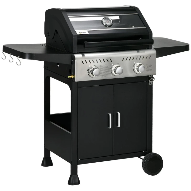 Image of Outsunny 3 Burner Propane Gas bbq Grill with See-through Lid and Thermometer - Black - Outsunny 5056725516673