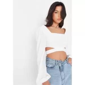 Image of Missguided Balloon Sleeve Tie Back Top - White