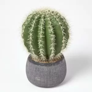 Image of Homescapes - Golden Barrel Artificial Cactus in Textured Stone Grey Pot, 38cm Tall - Green