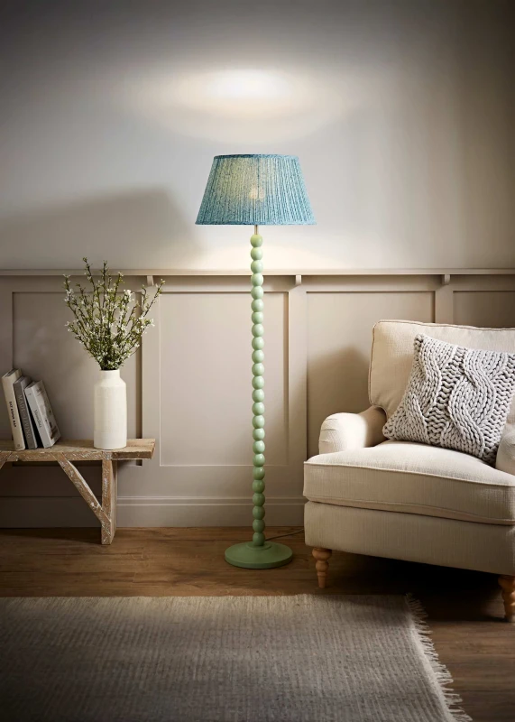 Image of ValueLights ValueLights Bobbin Bobbles Floor Lamp with Leaf Pleated Tapered Lamp Shade in Pale Green Pale Green One Size Unisex 5059406067853