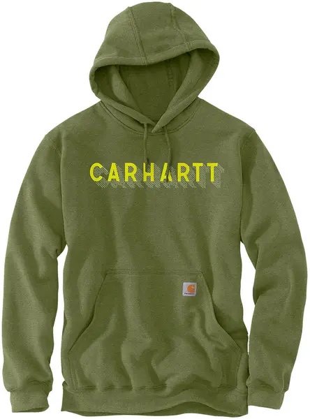 Image of Carhartt Rain Defender Lose Fit Midweight Logo Graphic Hoodie, green, Size M
