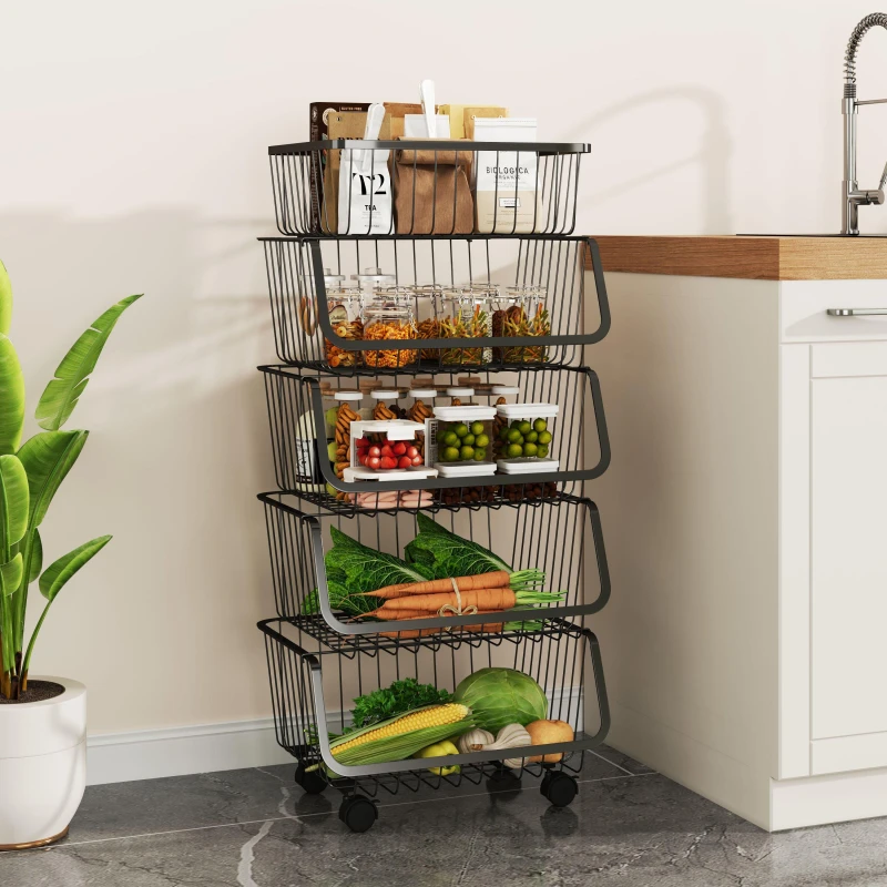 Image of Cottonfy UK 5-Tier Stackable Metal Basket Trolley - Black L