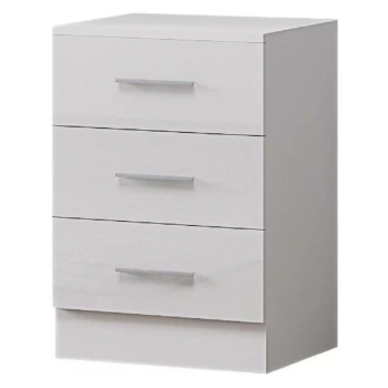 Image of White High Gloss 3 Drawer Tall Bedside Cabinet.Matt White Frame. - White