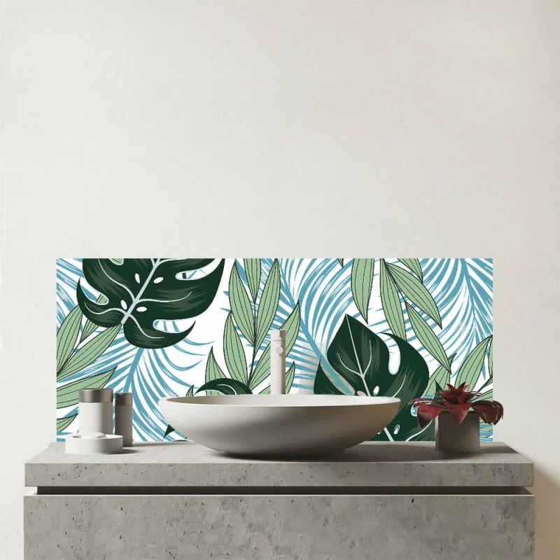 Image of Warren Reed - Designer Tropical Pattern, Bright Plants, Flowers Glass Bathroom Splashback in Green Green Unisex