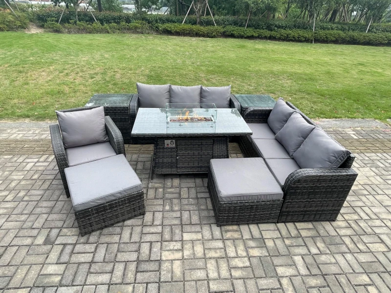 Image of Fimous 9 Seater Rattan Garden Furniture Set Gas Fire Pit Dining Table Reclining Chair 3 Seater Sofa Set Indoor Outdoor with 2 Side Tables Dark Grey