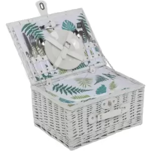 Image of 2 Person Wicker Picnic Basket White Leaf Print Hamper Plates - White - Charles Bentley