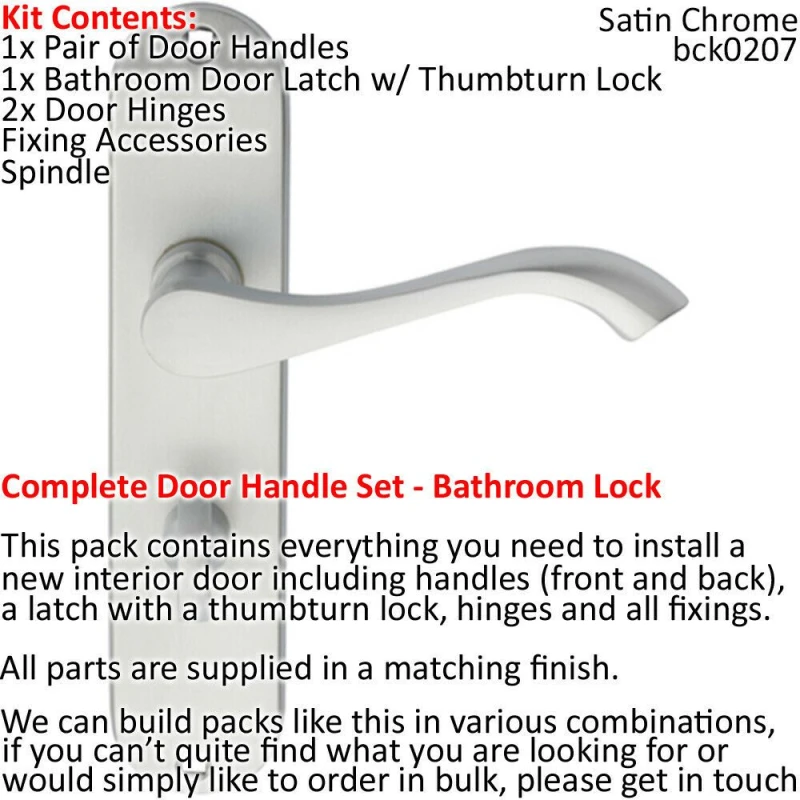 Image of Loops Door Handle & Bathroom Lock Pack Satin Chrome Victorian Curved Arm Backplate Multi