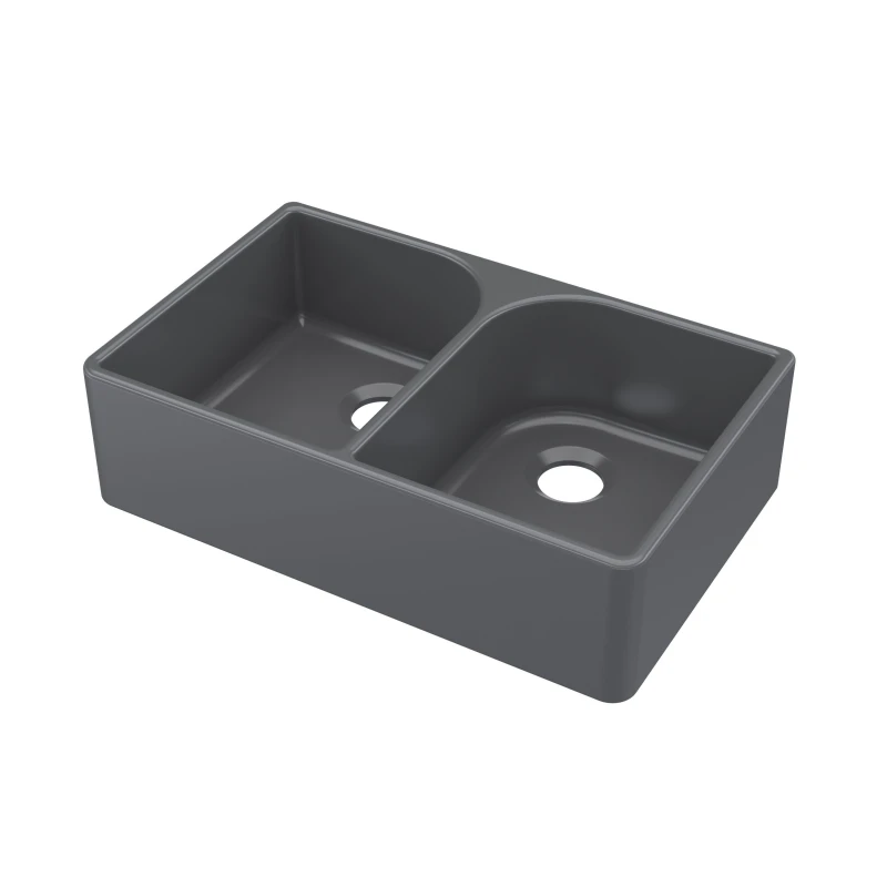 Image of Balterley Fireclay 2 Bowl Butler Sink Full Weir Soft Black 795x500mm Black