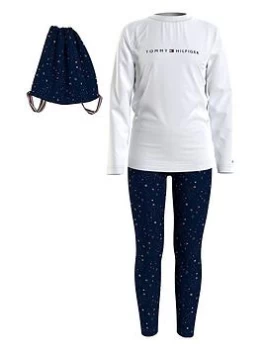 Image of Tommy Hilfiger Girls Long Sleeve Legging Set Giftpack - White/festive Scatter, White, Size 10-12 Years, Women
