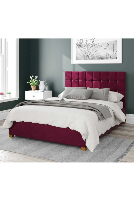 Image of Aspire Aspire Sinatra Upholstered Ottoman Storage Bed, Plush Velvet Fabric in Wine Size: Super King Wine Super King Unisex 5057632188922