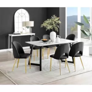 Image of Furniture Box Carson White Marble Effect Dining Table and 6 Black Arlon Gold Leg Chairs