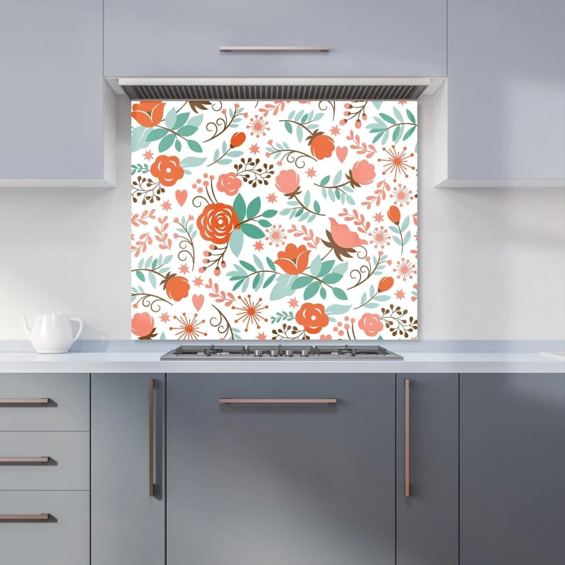 Image of Warren Reed - Designer Orange Floral Pattern Kitchen Splashback in Green Size: 600mm x 750mm Green Unisex 600mm x 750mm