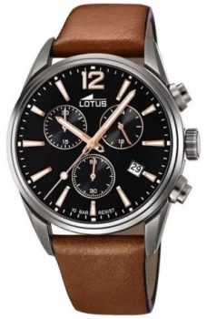 Image of Lotus Mens Brown Leather Strap Black Chronograph Dial Watch
