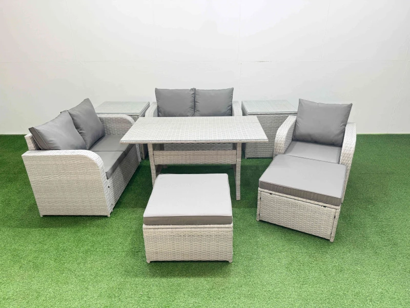 Image of Fimous High Back Poly Rattan Garden Furniture Set with Reclining Chair Loveseat Sofa Rectangular Dining Table Indoor Outdoor Patio Set 2 Big Stool 2