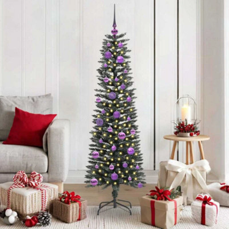 Image of vidaXL Artificial Christmas Tree with 150 LEDs, Lilac Balls Green 43 x 43 x 150 cm, Green 3395934