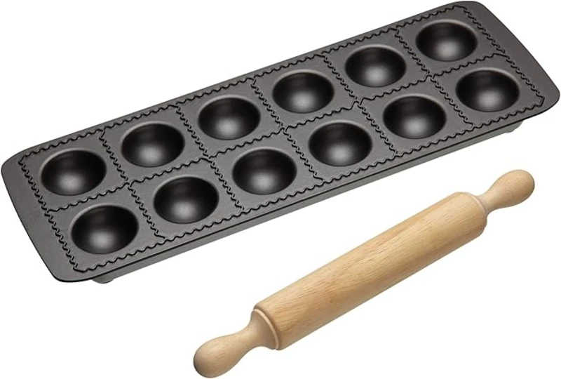 Image of KitchenCraft World of Flavours Italian Non-Stick Ravioli Mould Tray with Rolling Pin