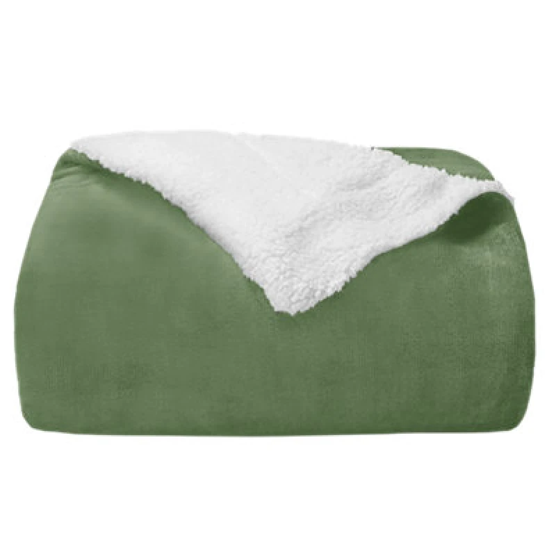Image of Velosso Plush Sherpa Reversible Thermal Soft Throw Blanket, Cosy Winter Blanket With Soft Velvet Finish -127Cm X 152Cm - Olive