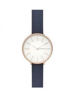 Image of Skagen Karolina Rose Gold Tone Case With Blue Leather Strap Ladies Watch