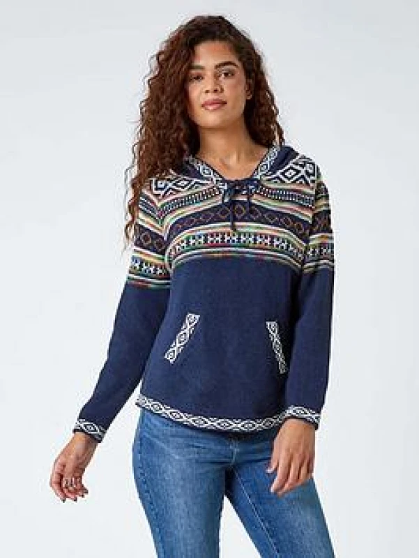 Image of Roman Nordic Print Hooded V-Neck Jumper Midnight female