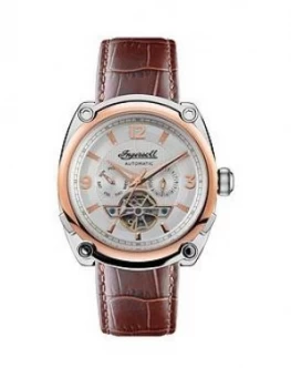 Image of Ingersoll Ingersoll The Michigan Silver And Gold Detail Automatic Dial Brown Leather Strap Watch