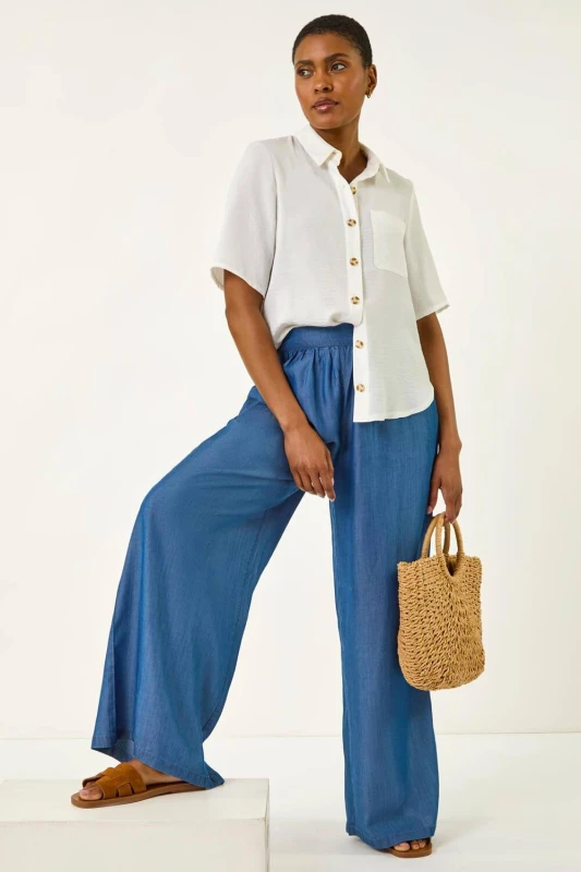 Image of Roman Womens Pleated Full Length Wide Leg Trouser in Mid Blue Size: 10 Mid Blue Female 10