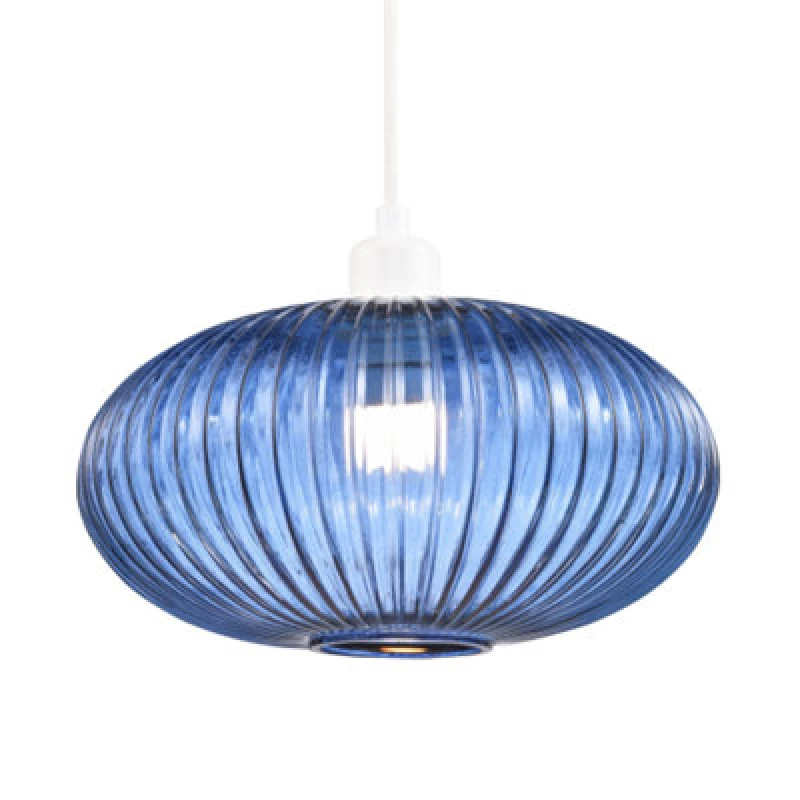 Image of Happy Homewares Modern Designer Navy Midnight Blue Line Ribbed Glass Oval Pendant Lamp Shade
