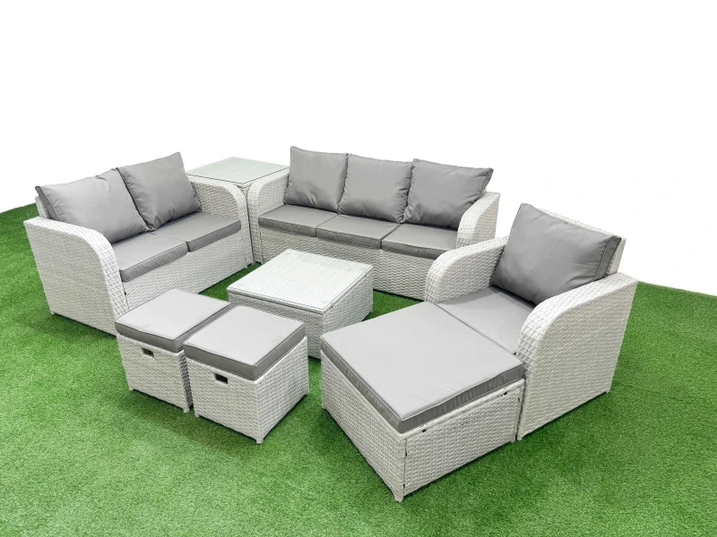 Image of Fimous Patio PE Wicker 9 Seater Outdoor Rattan Furniture Sofa Sets with Square Coffee Table Reclining Chair Loveseat Sofa 3 Seater Sofa Stool Side Tab