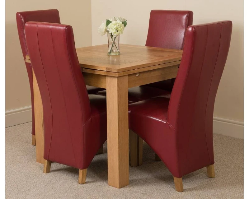 Image of Thats Furniture Richmond 90-150cm Square Oak Extending Dining Table + 4 Lola Leather Chairs in Red Red Unisex