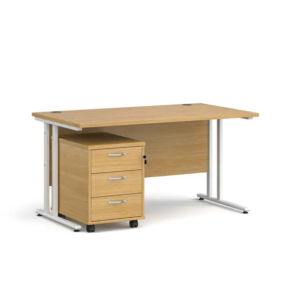 Image of Maestro 25 Straight Desk White Frame Oak Table Top and 3 Drawer Pedestal - 1400mm